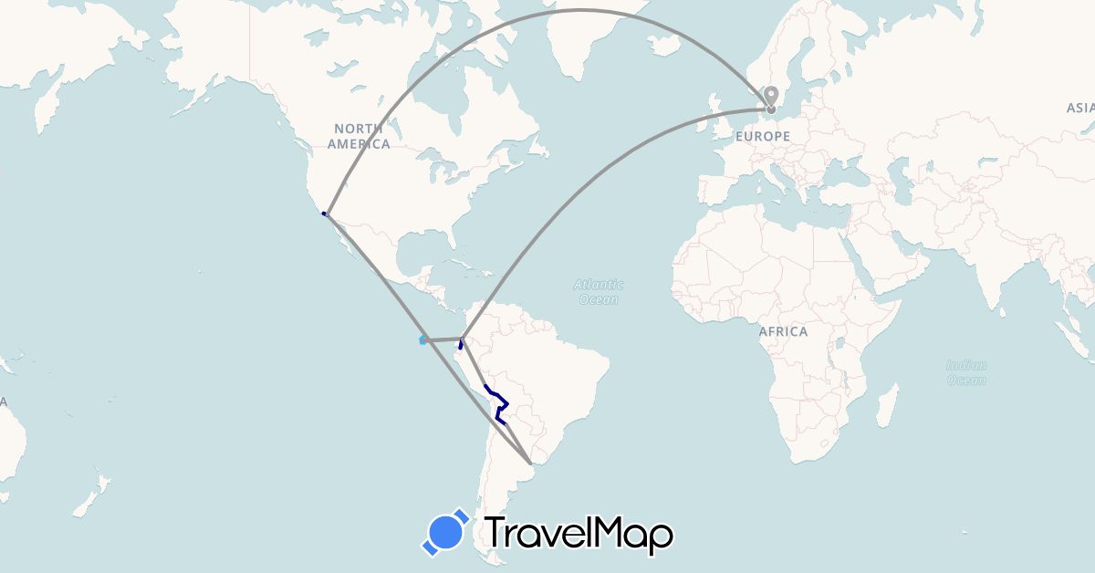 TravelMap itinerary: driving, plane, boat in Argentina, Bolivia, Chile, Denmark, Ecuador, Peru, United States (Europe, North America, South America)